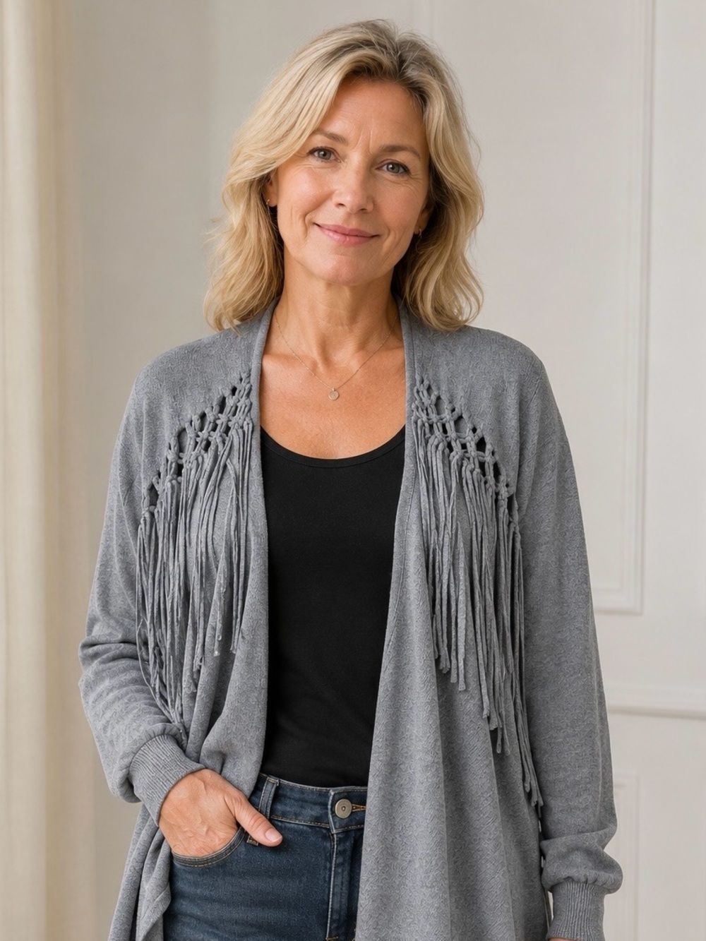 Ali Miles Gray Open Waterfall Draped Knit Cardigan Fringe Petite Medium